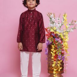 Little Bansi Cotton Silk Full Sleeves Foil Printed Kurta With Pyjama - Maroon-15