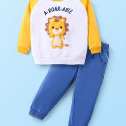 Babyhug Cotton Knit Raglan Sleeves T-Shirt & Lounge Pants Set With Lion Applique - White Yellow & Navy-image-92