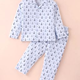 Ollypop Sinker Knit Full Sleeves Front Open Night Suit With Anchors Print - Sky Blue-image-34