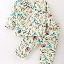 Enfance Core Cotton Woven Full Sleeves Dinosaur Printed Coordinating Night Suit Set - Lemon Yellow-image-84