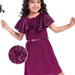 Hola Bonita Knit Party Wear Shimmer Frock With Sequin Cape and Corsage- Wine-picture-20