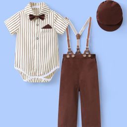 Mark & Mia Cotton Half Sleeves Striped Onesie & Pant Set with Suspender Bow & Cap - Brown White-image-62