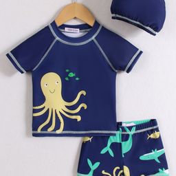 Mark & Mia Half Raglan Sleeves Two Piece Swimsuit With Sea Animals Print & Swimming Cap - Navy Blue-image-68