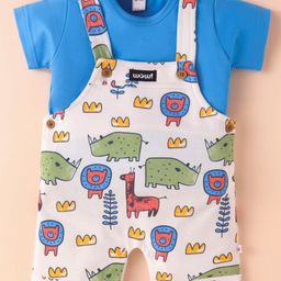 WOW Clothes Interlock Knit Dungaree & Half Sleeves T-Shirt With Animal Print - White & Blue-14