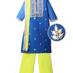 Pine Kids Woven Three Fourth Sleeves Kurti Chudidar Set With Floral Embroidery & Dupatta - Blue-image-69