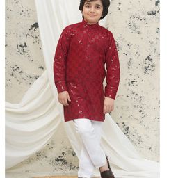 AJ Dezines Schiffli Full Sleeves Floral Embroidered Sequins Embellished Kurta Pyjama Set - Maroon-image-52