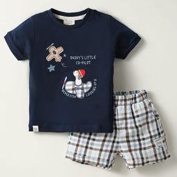 Ollypop Sinker Knit Half Sleeves T-Shirt & Shorts Set with Checks Dog Patch & Text Embroidery - Navy Blue-picture-17
