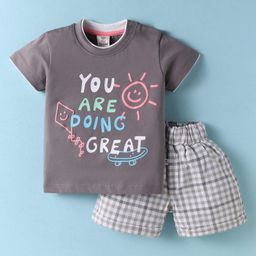 Mini Donuts Cotton Knit Half Sleeves T-Shirt & Shorts Set With You Are Doing Great Text Print - Grey-7