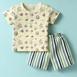 CUCUMBER Sinker Knit Half Sleeves Shorts Night Suit With Animal Print - Lemon-image-13