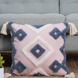 Aura Pink & Grey Geometric Textured Cotton Square Shaped Tasselled Cushion Covers-9