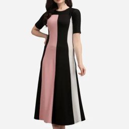 PURVAJA Peach & Black Knitted Color-Block Midi Dress-image-91
