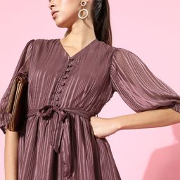 STREET 9 Women Elegant Mauve Striped Belted Dress-image-26