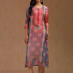 Soch Blue Muslin Printed Three-Quarter Sleeves Kurta-picture-7
