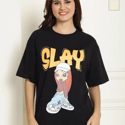 Metronaut Women Pack of 2 Typography Printed Round Neck Cotton Oversized T-shirts-image-88