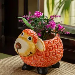 ExclusiveLane 'Cheerful Sheep' Orange & White Planter Pot - Set of 1-image-75