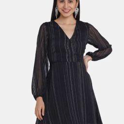 Zink London Black Striped A-Line Dress-image-79