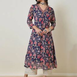 Soch Navy Printed A Line Kurta-image-3