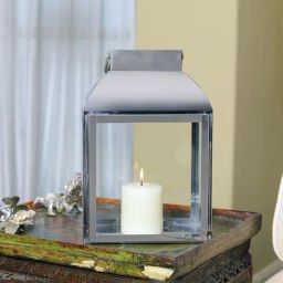 HOSLEY Silver Metal Lantern with Pillar Candle (12inch)-image-77