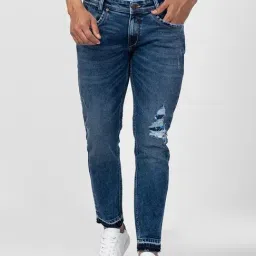 Spykar Dark Blue Cotton Regular Fit Distressed Jeans-image-45