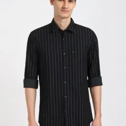 Peter England Black Cotton Slim Fit Striped Shirt-picture-31