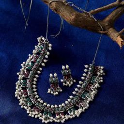 Panash Silver Plated & Green Oxidized Stone Studded Jewellery Set-18