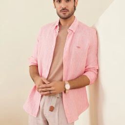Andamen Red Linen Slim Fit Stripe Shirt-image-31