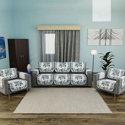 RUBOXA Blue & Cream-Coloured 16 Pieces Printed Cotton 5 Seater Sofa Covers With Arms-image-42