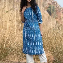 Akiso Neela Indigo Block Printed Summer Kurta With Lace Detail-picture-30