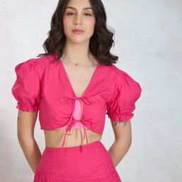 VIRGIO Pink Cotton Solid Short Sleeves Crop Top-image-9