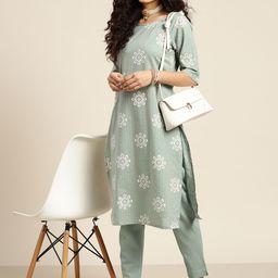 Sangria Women Sage Green & White Ethnic Printed Pure Cotton Kurta with Trousers-picture-28