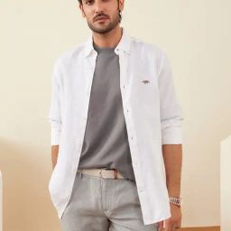 Andamen White Linen Slim Fit Solid Shirt-image-87