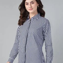 Hancock White & Navy Blue Cotton Striped Shirt-image-86