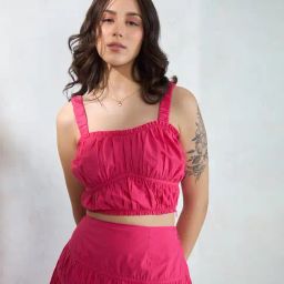 VIRGIO Pink Cotton Solid Sleeveless Crop Top-image-11