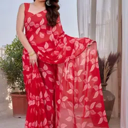 MIRCHI FASHION Tomato Red Floral Print Saree With Unstitched Blouse-image-73