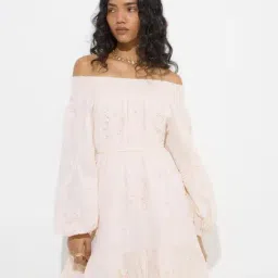 LOV by Westside Off-White Floral Cotton Off-Shoulder Dress-image-22