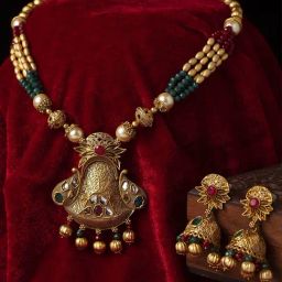 Panash Gold Plated Red & Green Stone Studded Beaded Antique Jewellery Set-6