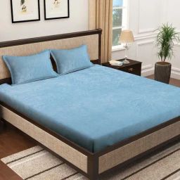 HOSTA HOMES Aqua Woollen Yarn 300 TC King Size Flat Warm Bed Sheet With 2 Pillow Covers-image-44