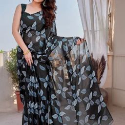 MIRCHI FASHION Black Floral Print Saree With Unstitched Blouse-picture-13