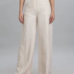 TOMMY HILFIGER Cream & Grey Striped Wide Fit Mid Rise Trousers-picture-36
