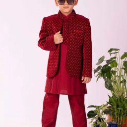 VASTRAMAY Boys Maroon Embroidery Full Sleeves Kurta Sets-image-23