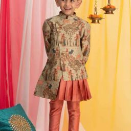 VASTRAMAY Boys Green & Pink Printed Full Sleeves Kurta Sets-image-50