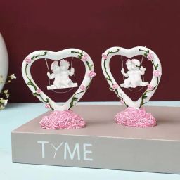 Tayhaa White & Pink Polyresin Cute Kissing Angels On Heart Of Roses Showpiece - Set of 2-27