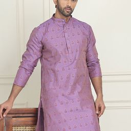 Anouk Purple Ethnic Motifs Woven Design Band Collar Jacquard Straight Kurta-image-27