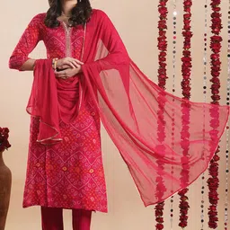 GoSriKi Bandhani Printed Notch Neck Straight Kurta With Trousers & Dupatta-picture-13