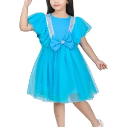 CHANDRIKA Girls Turquoise Blue Viscose Rayon Round Neck Flutter Sleeves Knee Length Dress-picture-35