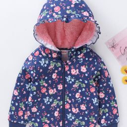 Babyhug Cotton Knit Full Sleeves Hooded Sweat Jacket Floral Print - Blue-image-100
