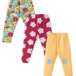 Babyhug Cotton Lycra Knit Full Length Stretchable Legging Floral Print Pack Of 3 - Green Red & Yellow-image-85
