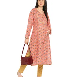 Mom for sure by Ketki Dalal Full Sleeves Jaipuri Flower Motif Printed & Lace Embellished Maternity Kurti With Nursing Access - Coral Peach-picture-2