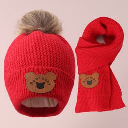 Babyhug Woollen Cap & Scarf with Bear Patch & Pom Pom - Red-image-46