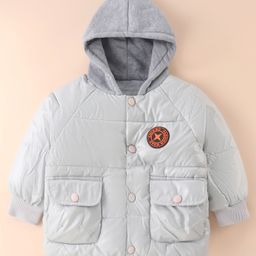 Kookie Kids Full Sleeves Padded Hooded Solid Colour Jacket With Patch Detailing - Silver-image-30